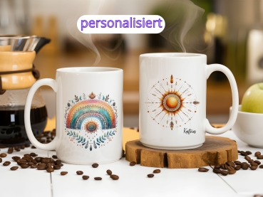 Preview: Boho-Tasse mit Regenbogen- und Sonnenornament – Personalisiert Preview: Boho-Tasse mit Regenbogen- und Sonnenornament – Personalisiert